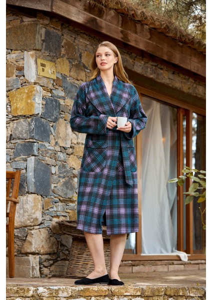 Kadın Ekose Desen Kuşaklı Sabahlık 24056