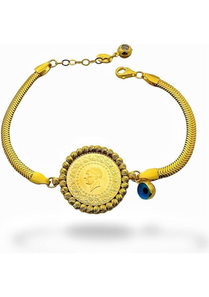 Dorika Çerçeveli Çeyrek Altınlı Ezme Zincir Altın Bileklik