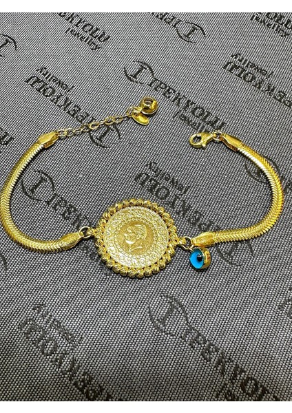 Dorika Çerçeveli Çeyrek Altınlı Ezme Zincir Altın Bileklik modelleri