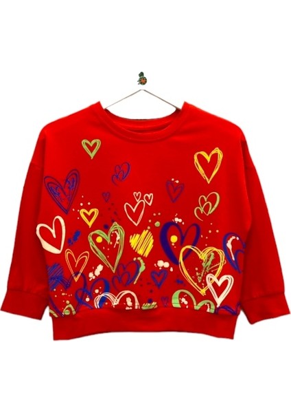 Kırmızı Kalpler Baskılı Kız Çocuk Sweatshirt