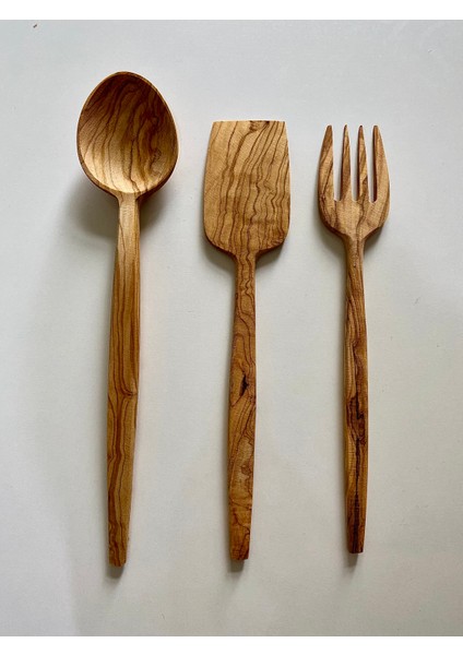 Ahşap Zeytin Ağacı El Işçiliği 3'lü Ahşap Tahta Kaşık, Çatal, Spatula ve Sunum Seti