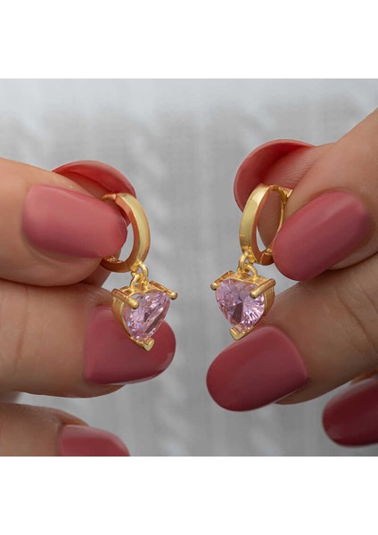 Gümüş Gold Pembe Taşlı Kalpli Kadın Küpe