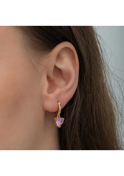 Gümüş Gold Pembe Taşlı Kalpli Kadın Küpe modelleri