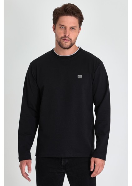 Erkek Siyah Çift Bisiklet Yaka Baskı Detaylı Standart Rahat Kesim Sweatshirt
