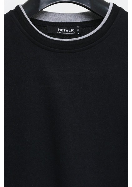 Erkek Siyah Çift Bisiklet Yaka Baskı Detaylı Standart Rahat Kesim Sweatshirt fırsatları