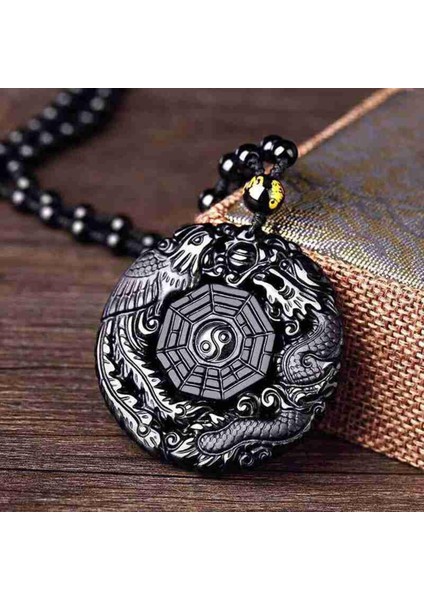Doğal Siyah Obsidyen El Oyma Çin Ejderha Phoenix Bagua Şanslı Muska Barış Maskot Kolye Kolye Kadın Erkek (Yurt Dışından)