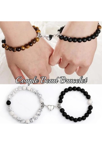 Moda Romantik Sahte Volkanik Taş Beyaz Turkuaz Aşk Manyetik Boncuklu Bilezik Çiftler Için Zarif El Yapımı Boncuk Hediye (Yurt Dışından)