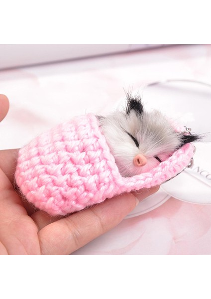 Sevimli Uyuyan Kedi Ponpon Anahtarlıklar Kadın Kızlar El Yapımı Dokuma Terlik Taklit Kürk Yavru Anahtar Yüzükler Kabarık Çanta Araba Kolye Hediye (Yurt Dışından)