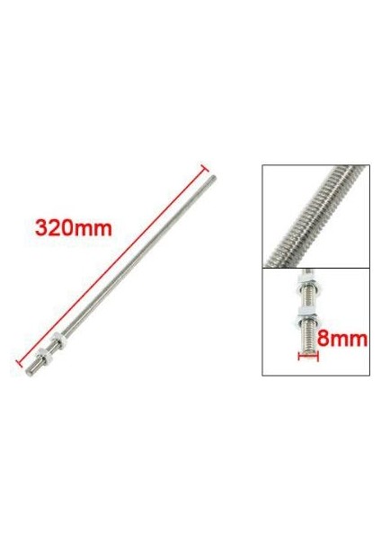 320MM x M8 Paslanmaz Çelik Dişli Çubuk Stok Çubuğu Gümüş Ton (Yurt Dışından)