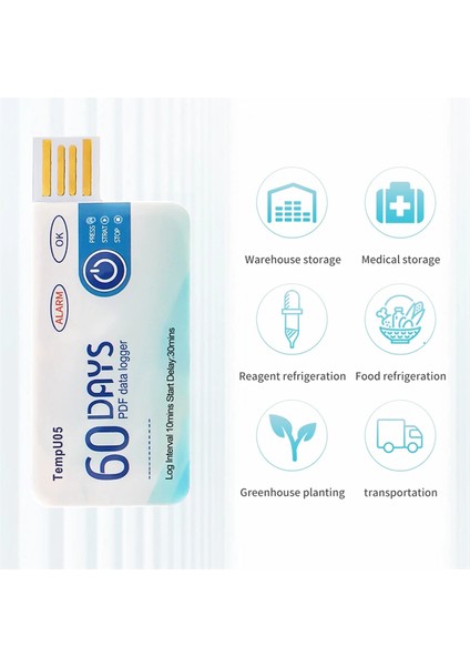 Sıcaklık Analizörü TEMPU05 60 Gün Tek Kullanımlık Sıcaklık Analizörü Aşırı Sıcaklık Alarmı Veri Kaydedici Pdf USB (Yurt Dışından)