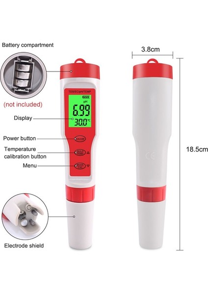 Profesyonel 4 In 1 Ph Ec Tds Metre Su Kalitesi Test Cihazı Dijital Ph/tds/ec/sıcaklık Monitörü Havuz Akvaryumları Içme Suyu (Yurt Dışından)