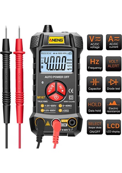 Aneng M167 Otomatik Değişen Dijital Akıllı Multimetre Hat Bakımı 4000 Sayım Elektrik Ölçer Transistör Test Cihazı Ac/dc Gerilim Ölçer Direnç Test Cihazı Voltmetre (Yurt Dışından)