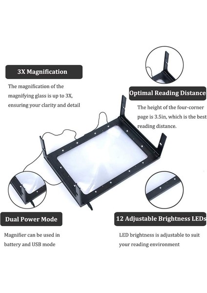 Nanlıy- 3x Okuma Için Tam Sayfa Büyüteç, Eller Serbest Büyük Dikdörtgen Büyüteç, LED Işıklı, Katlanabilir Masaüstü Taşınabilir Okuma Büyüteci (Yurt Dışından) indirimleri