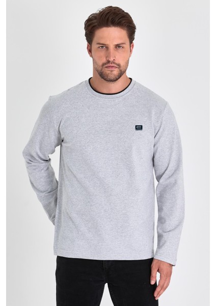 Erkek Gri Çift Bisiklet Yaka Baskı Detaylı Standart Rahat Kesim Sweatshirt