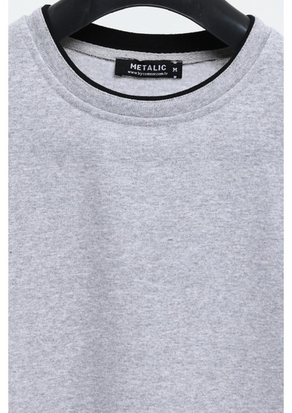 Erkek Gri Çift Bisiklet Yaka Baskı Detaylı Standart Rahat Kesim Sweatshirt