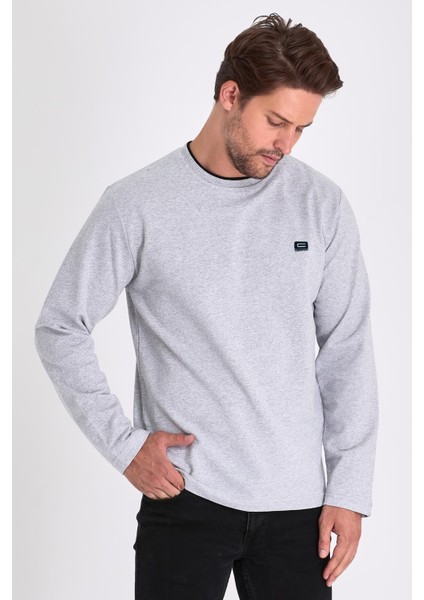 Erkek Gri Çift Bisiklet Yaka Baskı Detaylı Standart Rahat Kesim Sweatshirt