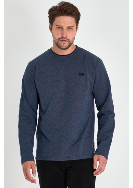 Erkek Indigo Çift Bisiklet Yaka Baskı Detaylı Standart Rahat Kesim Sweatshirt