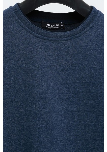 Erkek Indigo Çift Bisiklet Yaka Baskı Detaylı Standart Rahat Kesim Sweatshirt