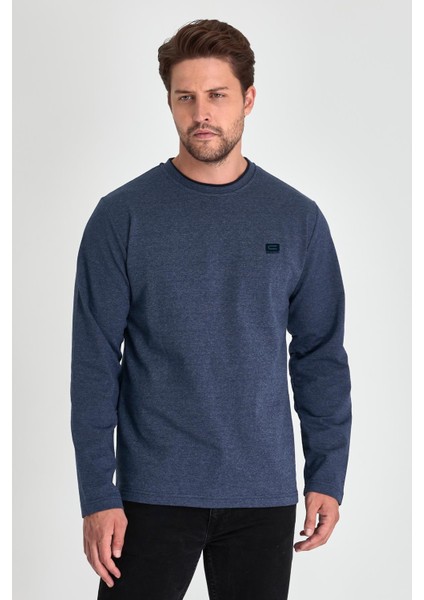Erkek Indigo Çift Bisiklet Yaka Baskı Detaylı Standart Rahat Kesim Sweatshirt