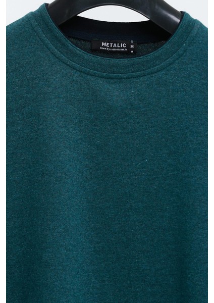 Erkek Petrol Çift Bisiklet Yaka Baskı Detaylı Standart Rahat Kesim Sweatshirt fırsatları