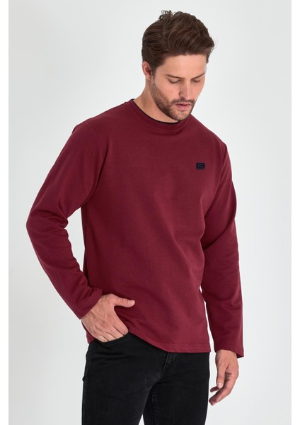 Erkek Bordo Çift Bisiklet Yaka Baskı Detaylı Standart Rahat Kesim Sweatshirt fiyatları