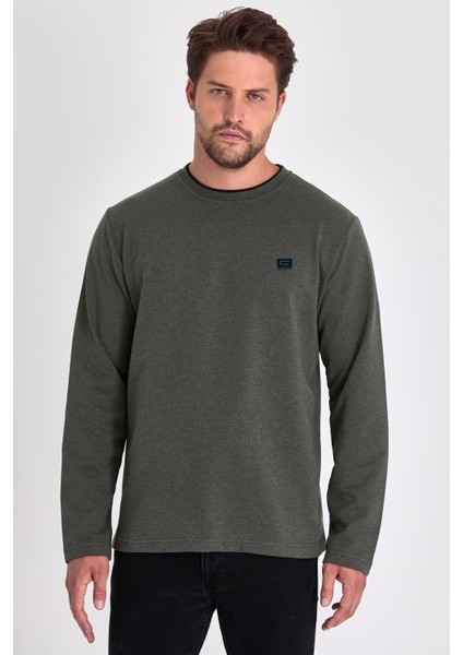 Erkek Haki Çift Bisiklet Yaka Baskı Detaylı Standart Rahat Kesim Sweatshirt