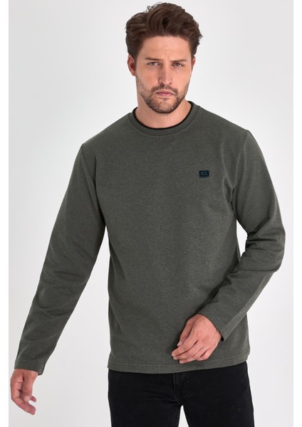 Erkek Haki Çift Bisiklet Yaka Baskı Detaylı Standart Rahat Kesim Sweatshirt