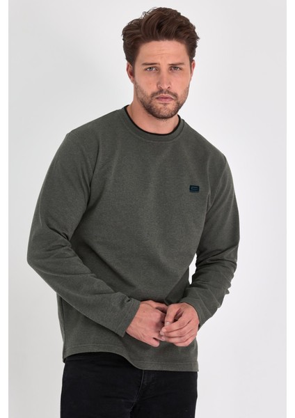 Erkek Haki Çift Bisiklet Yaka Baskı Detaylı Standart Rahat Kesim Sweatshirt