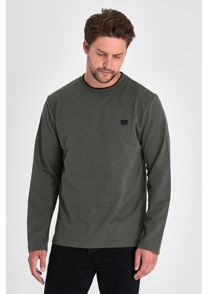 Erkek Haki Çift Bisiklet Yaka Baskı Detaylı Standart Rahat Kesim Sweatshirt