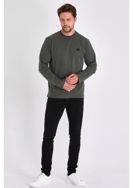 Erkek Haki Çift Bisiklet Yaka Baskı Detaylı Standart Rahat Kesim Sweatshirt