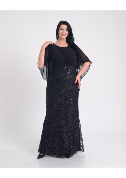 Büyük Beden Griter Baskı Detaylı Siyah Renkli Abiye Elbise