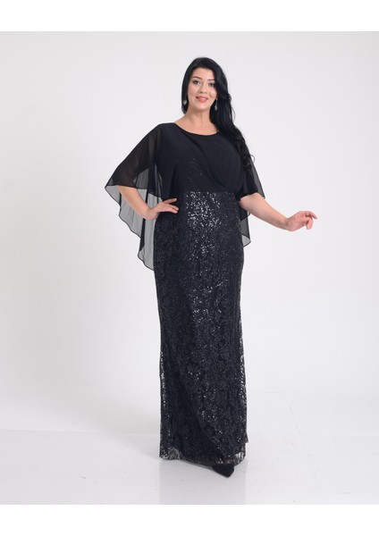Büyük Beden Griter Baskı Detaylı Siyah Renkli Abiye Elbise fiyatları