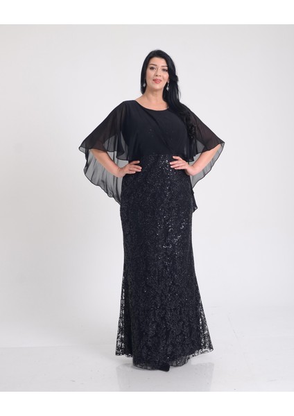 Büyük Beden Griter Baskı Detaylı Siyah Renkli Abiye Elbise modelleri