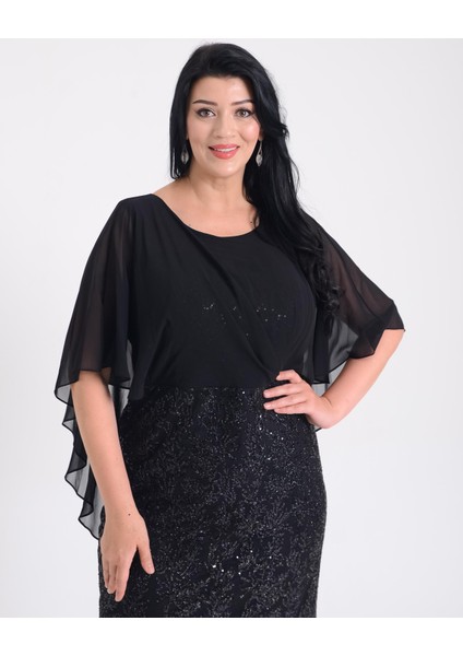 Büyük Beden Griter Baskı Detaylı Siyah Renkli Abiye Elbise indirimleri