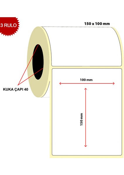 Barkod Etiketi 100X150 Termal Etiket Eko Termal 250 Sarım 3 Rulo (750 Adet)
