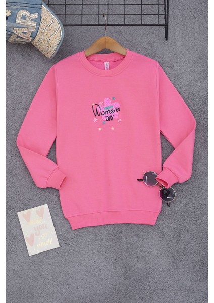 Pembe Çiçek Nakışlı Kız Çocuk Kız Çocuk Sweatshirt 17193