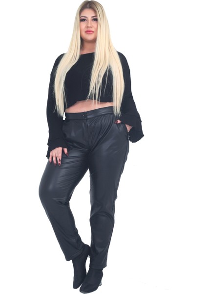 Kadın Büyük Beden Pantolon Ay8824 Elastik Bel Fermuar Kapama Spor Cep Kadife Iç Kaplama Deri Siyah fiyatları