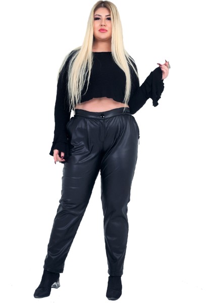 Kadın Büyük Beden Pantolon Ay8824 Elastik Bel Fermuar Kapama Spor Cep Kadife Iç Kaplama Deri Siyah fırsatları