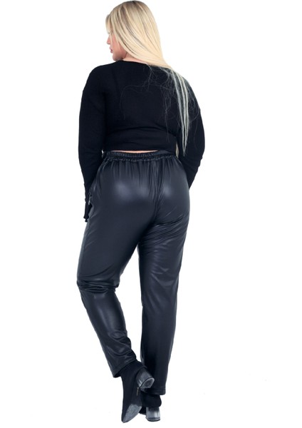Kadın Büyük Beden Pantolon Ay8824 Elastik Bel Fermuar Kapama Spor Cep Kadife Iç Kaplama Deri Siyah indirimleri