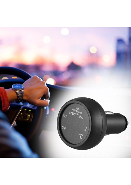 3'ü 1 Arada Dijital LED USB Araç Şarj Cihazı Voltmetre Termometre Araç Akü Monitörü - Yeşil (Yurt Dışından)