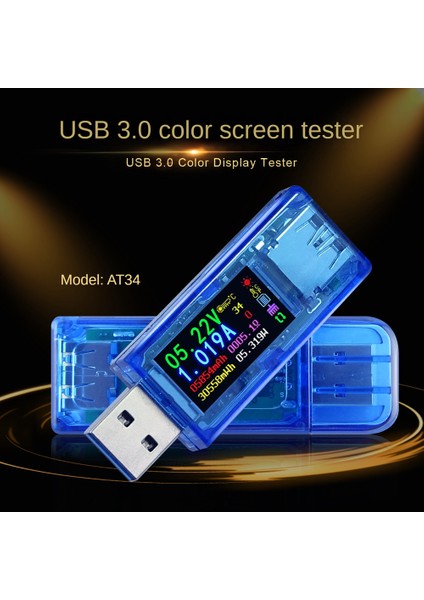 Rıden AT34 USB 3.0 Renkli LCD Voltmetre Ampermetre Gerilim Akım Ölçer Multimetre Şarj Bankası USB Test Cihazı Mavi (Yurt Dışından) fırsatları
