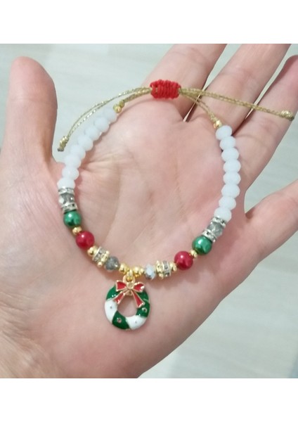 Renkli Inci Boncuklu Buzlu Beyaz ve Parlak Kristal Boncuklu Noel Süslü Yılbaşı Bileklik fiyatları