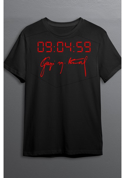 Atatürk Imza Baskılı Pamuklu Likralı T Shirt Kırmızı Yazılı Siyah CLK 115