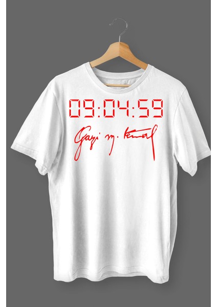 Atatürk Imza Baskılı Pamuklu Likralı T Shirt Kırmızı Yazılı Beyaz Clk 55