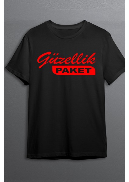 Güzellik Paket Baskılı Pamuklu Likralı T Shirt Kırmızı Yazılı Siyah CLK 136