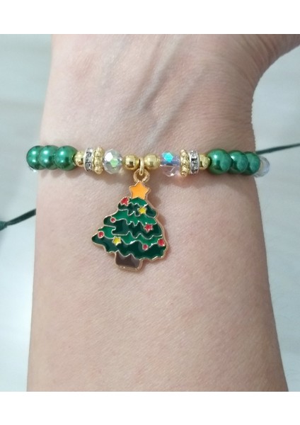 Parlak Şeffaf Kristal ve Yeşil Cam Inci Boncuklu Çam Ağacı Yılbaşı Bileklik modelleri