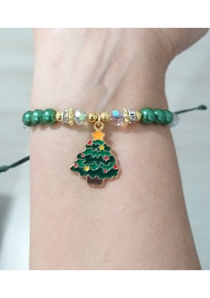 Parlak Şeffaf Kristal ve Yeşil Cam Inci Boncuklu Çam Ağacı Yılbaşı Bileklik indirimleri