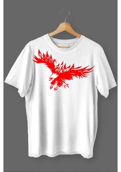 Kartal Baskılı Pamuklu Likralı T Shirt Kırmızı Desenli Beyaz Clk 93
