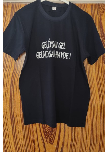 Geliysan Gel Gelmiysan Hayde ! Baskılı Pamuklu Likralı T Shirt Beyaz Yazılı Siyah CLK 126