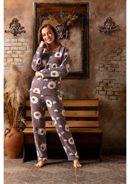 Kadın Polar Pijama Takımı Ayı Desenli